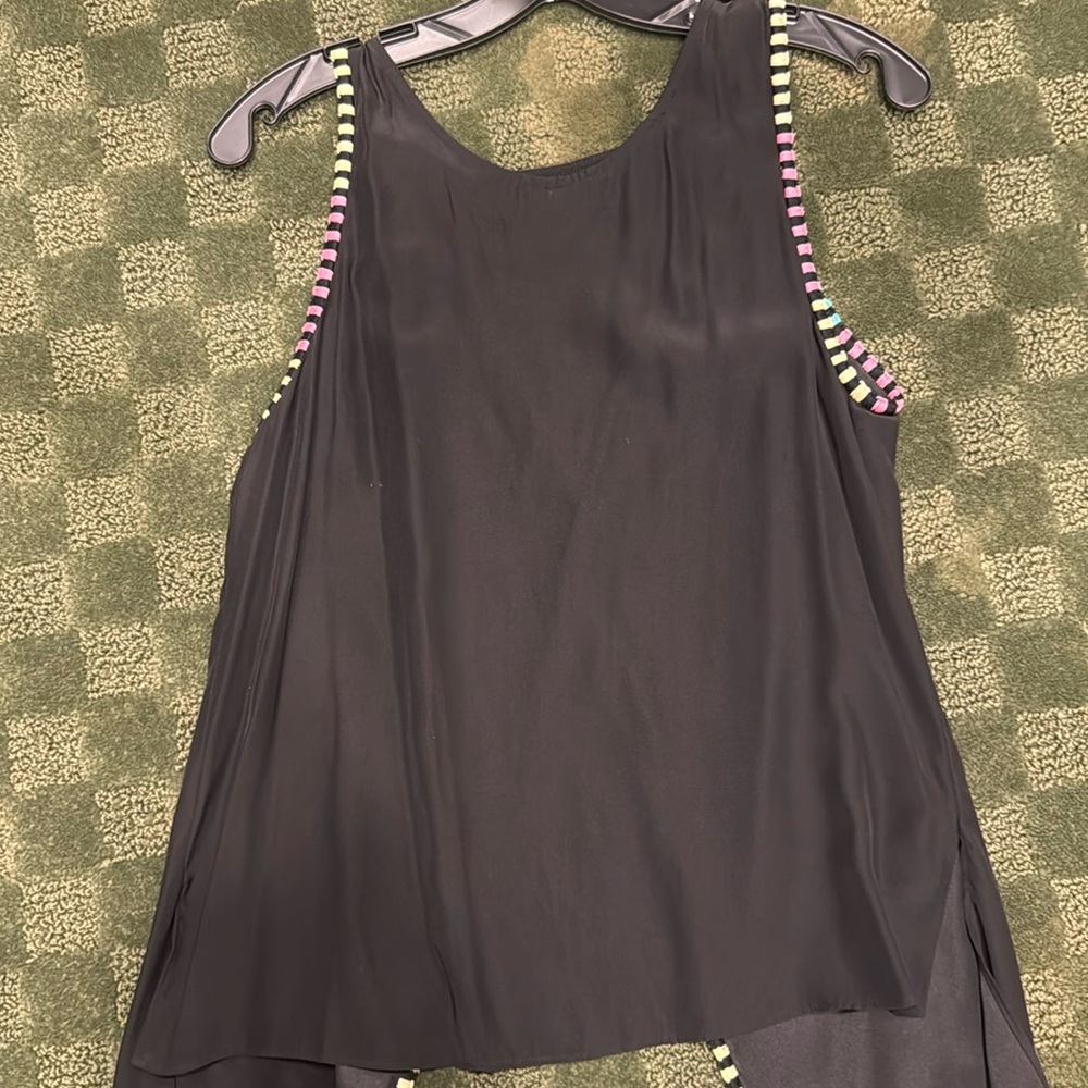 Parker size small black silk tank with colorful trim, and back